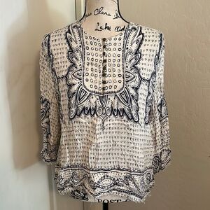 Anthropologie Maeve Blue White Boho Heart Multi Print Top Feminine Casual
